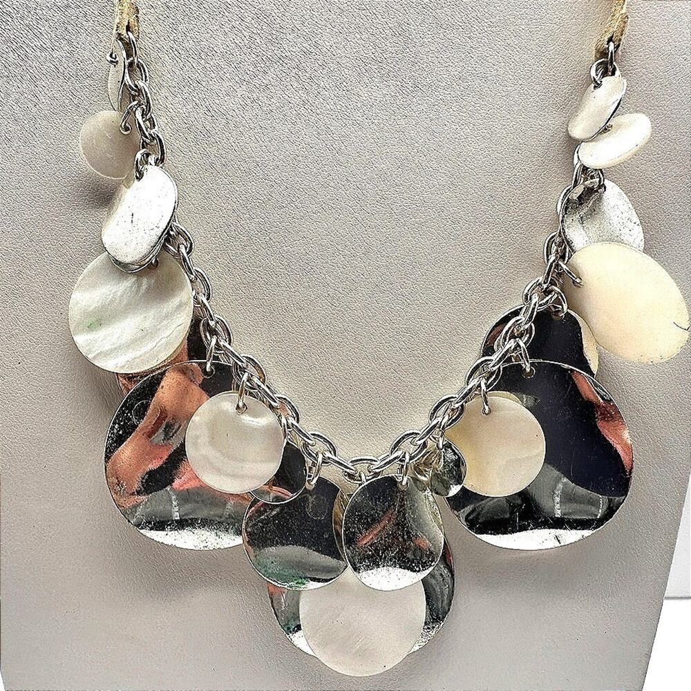 Vintage 90s Mother of Pearl Silver Tone Disc Bib Necklace Suede Cord Jewelry Y2K